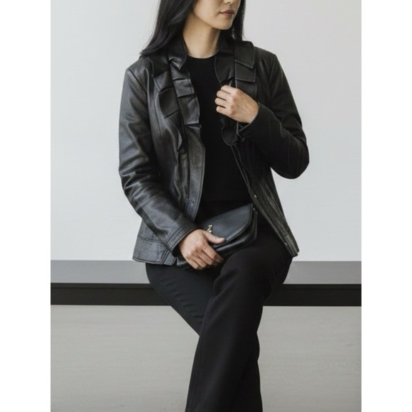 Tahari Jackets & Blazers - NWT Tahari Black Leather Jacket Ruffle Collar Moto Goth Coquette Whimsigoth XL